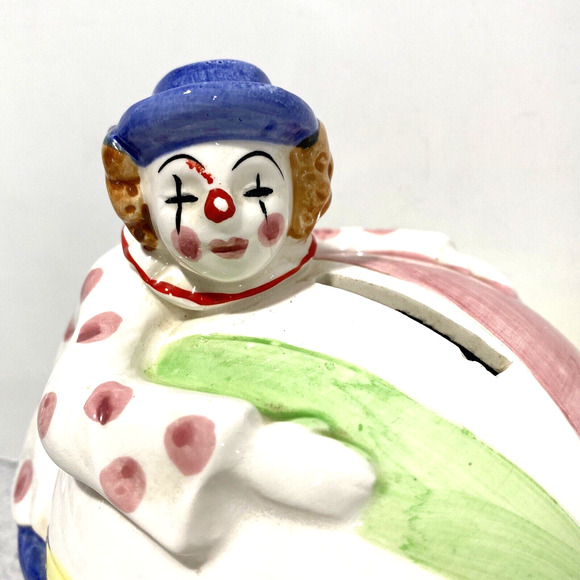 Vintage Collectible Piggy Bank Ceramic Clown on Circus Ball Colorful Whimsical - Picture 2 of 11
